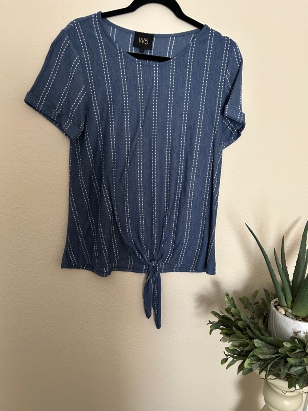 W5 Blue Striped Tie-Front Short Sleeve Top